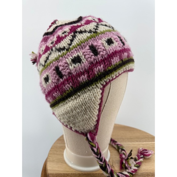 Everest Designs Nepal Handmade Wool Knit Earflap Hat Pink Geometric Pattern - Picture 2 of 5